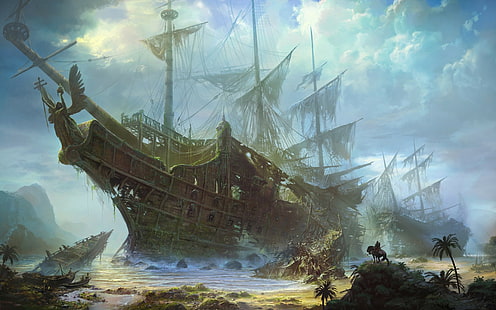 море, старый корабль, кораблекрушение, фэнтези-арт, HD обои HD wallpaper
