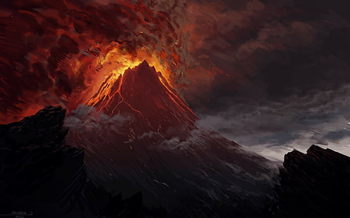 mount doom volcano il signore degli anelli artwork lava mordor, Sfondo HD HD wallpaper