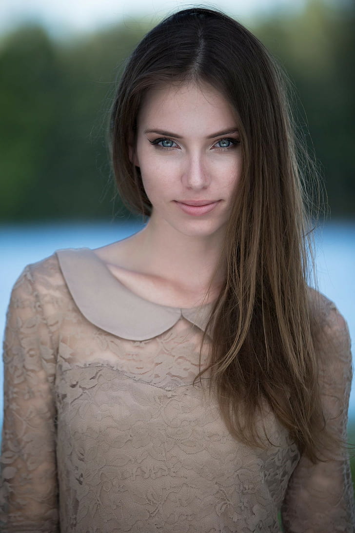 model, green eyes, brunette, Megan Coffey, nature, women, HD wallpaper