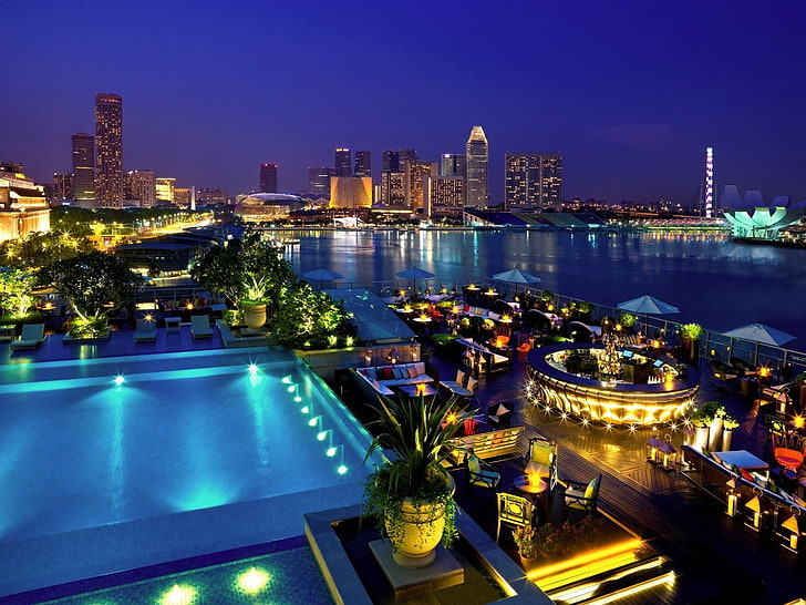 плувен басейн, нощ, светлини, пейзаж, Сингапур, HD тапет