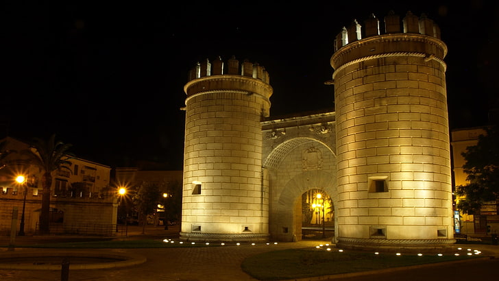 night, tourist attraction, tower, architecture, spain, puerta de palmas, HD wallpaper
