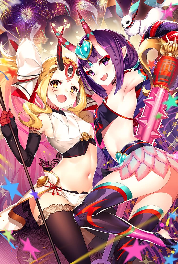 Hamada Pochiwo, cleavage, Fate series, Fate/Grand Order, shorts, Ibaraki Douji, Shuten Douji (Fate/Grand Order), long hair, fireworks, ass, black gloves, blonde, blurry background, blush, brown eyes, Chinese clothing, crop top, depth of field, elbow gloves, fangs, fingerless gloves, fingernails, gloves, Halloween, heart, horns, twintails, toeless legwear, thigh-highs, spikes, smiling, small boobs, purple eyes, open mouth, short shorts, belly, lace, HD wallpaper