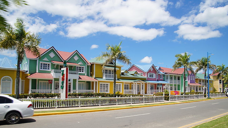 Доминиканска република, улица, пламчета, облаци, къщи, цветни, HD тапет