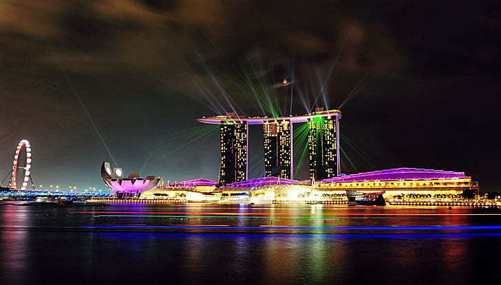 Марина Бей, светлини, виенско колело, Сингапур, сграда, HD тапет
