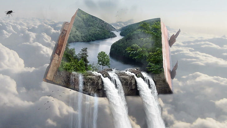 livro, céu, nuvens, cachoeira, natureza, abstrato, HD papel de parede
