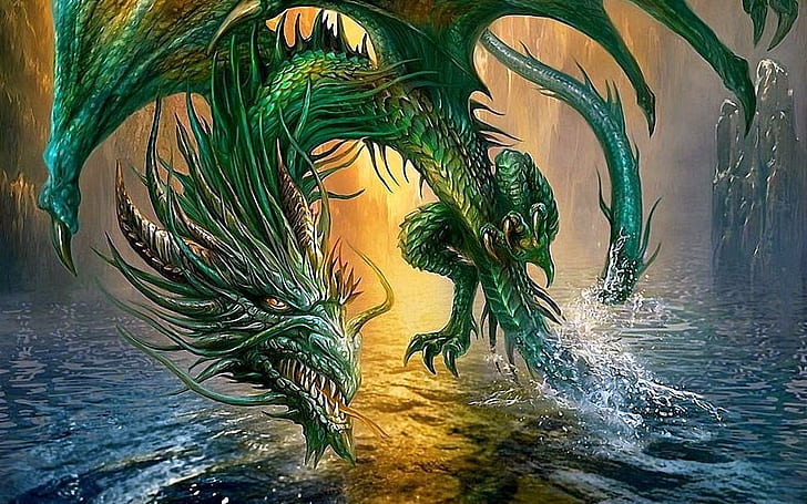 Dragon de Jade, personnage de dragon vert, dragon, furieux, vert, en colère, eau, jade, fantaisie, ailes, volant, émeraude, 3D et abstrait, Fond d'écran HD