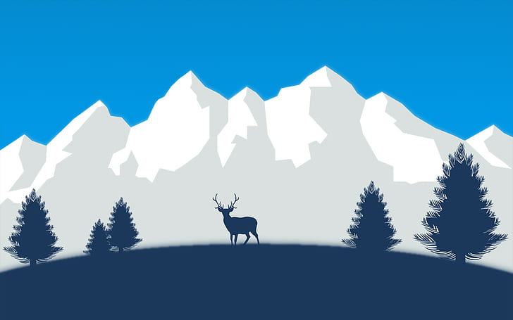 Cerf, montagnes, neige, arbres, vecteur, Fond d'écran HD