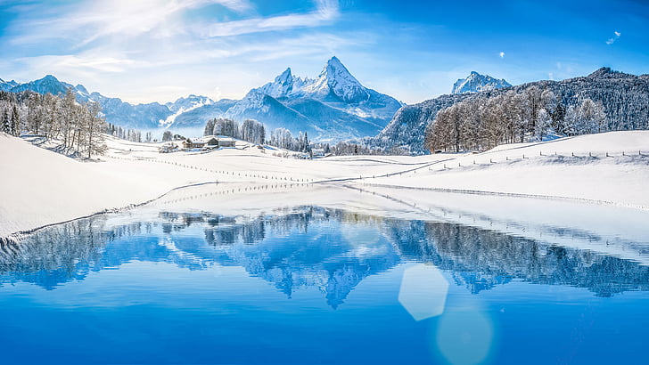 lake surrounded by snow, trees, and mountain during daytime, Alps mountains, Winter, HD, 5K, HD wallpaper