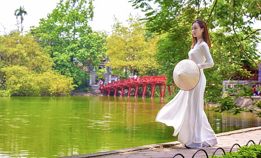 Asiatique, femmes en plein air, robe blanche, modèle, chapeau, femmes, Fond d'écran HD HD wallpaper