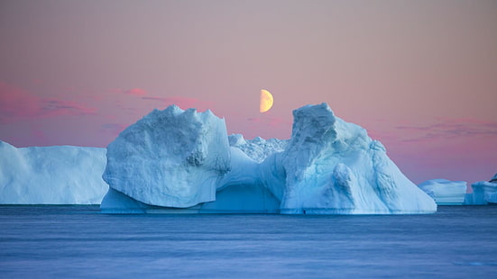 水、ピンクの空、月、空、海、氷河地形、穏やかな、海、溶ける、半月、氷冠、凍結、極氷冠、氷、北極、海氷、北極海、氷山、 HDデスクトップの壁紙 HD wallpaper