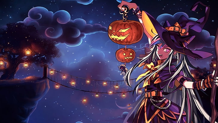 Danganronpa 2, Ibuki Mioda, Danganronpa, Halloween, anime girls, witch, pumpkin, Jack O' Lantern, HD wallpaper