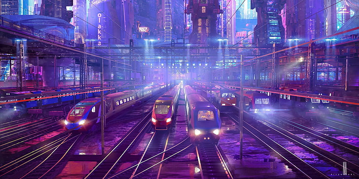 trzy pociągi z białymi pociskami, niyas ck, ilustracja, pociąg, miasto, neon, science fiction, grafika koncepcyjna, pejzaż miejski, cyberpunk, futurystyczny, Tapety HD