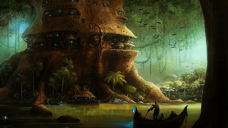 فن الخيال الفن الرقمي عمل فني منقسم أشجار الخيال العلمي أشجار الغابات نباتات القارب المظلم بيوت الشجرة الطيور أضواء منزل النهر، خلفية HD