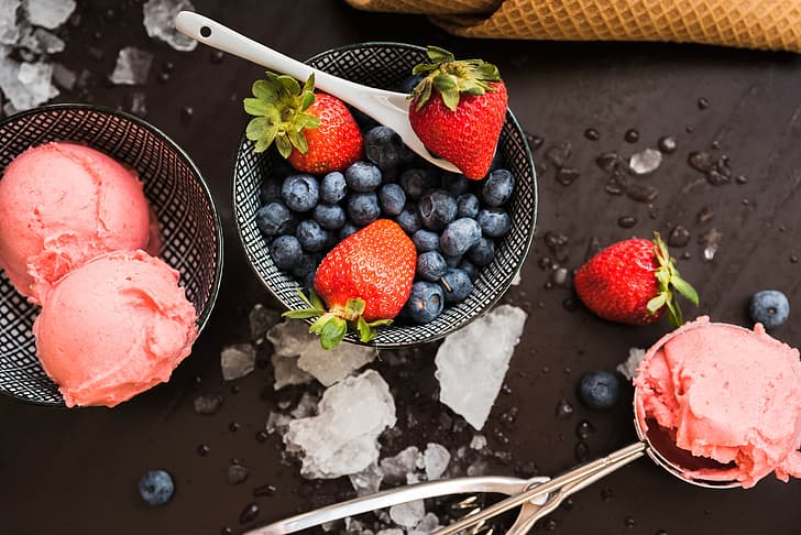 berries, strawberry, ice cream, dessert, blueberries, HD wallpaper