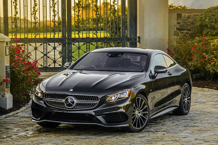 schwarzes Mercedes-Benz Coupé, der Zaun, Mercedes-Benz, Tor, Mercedes, AMG, Schwarz, 2014, S 550, S-Klasse, C217, HD-Hintergrundbild