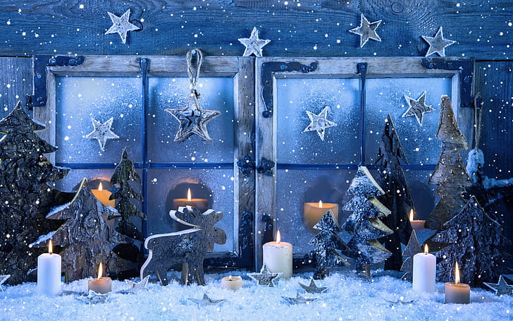 Merry Christmas, pencere, kar taneleri, mumlar, kış, kar, mumlar ile noel köyü ev dekorasyonu, Merry, Noel, Pencere, Kar Taneleri, Mumlar, Kış, Kar, HD masaüstü duvar kağıdı