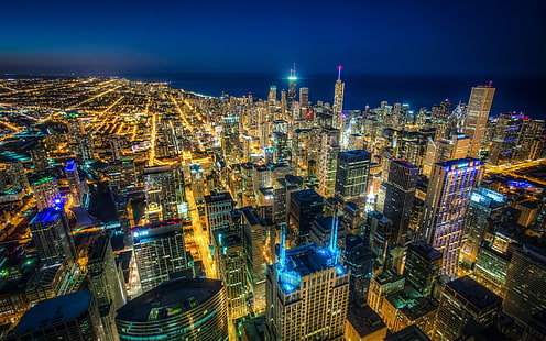 Chicago Skyscrapers Buildings Night Lighting City View From The High Point Desktop Wallpaper Hd 3840 × 2400, Fond d'écran HD HD wallpaper