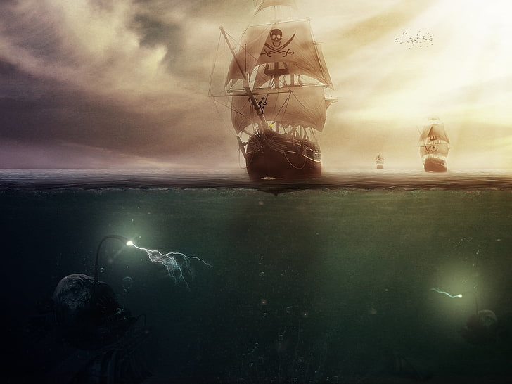 brun segelfartyg och fiskare fisk illustration, hav, fartyg, monster, pirater, HD tapet