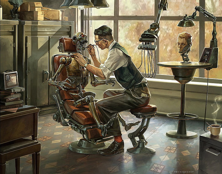 歯科医の椅子のイラストの壁紙、歯医者、ロボット、アートワークにロボットを固定する男、 HDデスクトップの壁紙