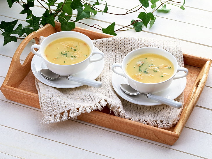 two round white ceramic soup bowls, soup, tray, food, dishes, HD wallpaper