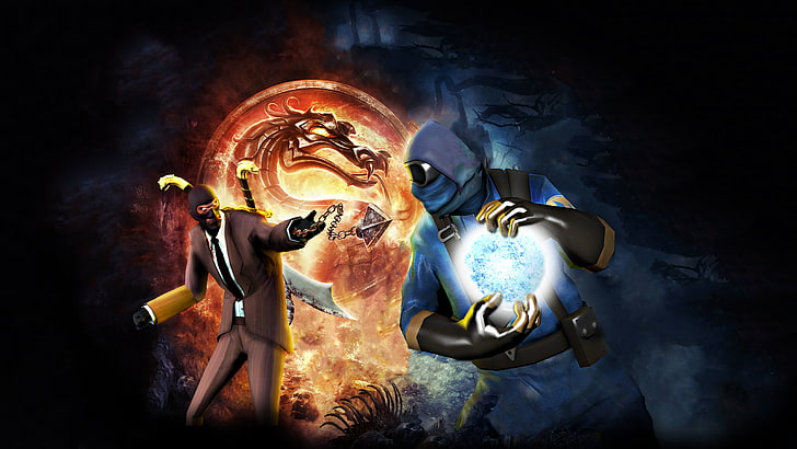 Mortal Kombat Sub Zero and Scorpion, Team Fortress 2, mortal kombat, Pyro, Spy, team kombat, HD wallpaper