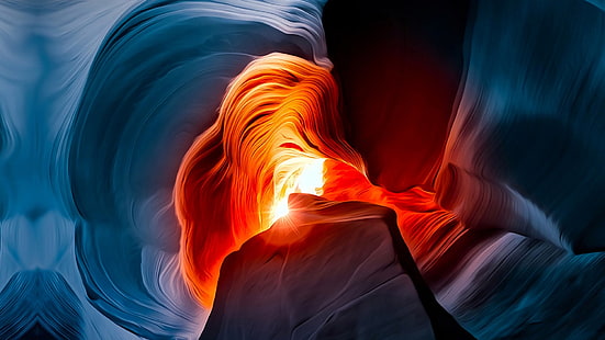 niebieski, czerwony, formacja skalna, zjawisko geologiczne, światło słoneczne, kanion, Stany Zjednoczone, USA, Kanion Antylopy, Arizona, Tapety HD HD wallpaper