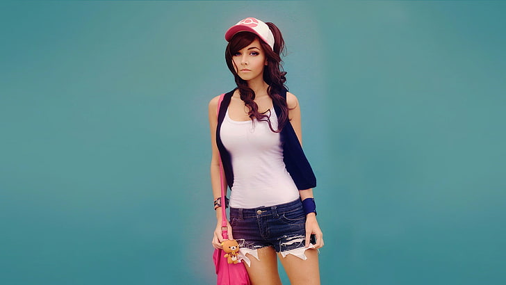 women's white camisole, cosplay, Pokémon, anime, Beethy, Pokémon trainers, simple background, women, brunette, Amy Thunderbolt, jean shorts, hat, jeans, blue background, looking at viewer, long hair, model, HD wallpaper