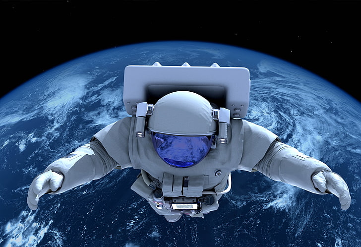 traje espacial blanco y azul, espacio, campo, astronauta, la atmósfera, arte, tierra, papel tapiz, gravedad, hermosa, infinito, ingravidez, al aire libre, estrella, investigación, científico, Fondo de pantalla HD