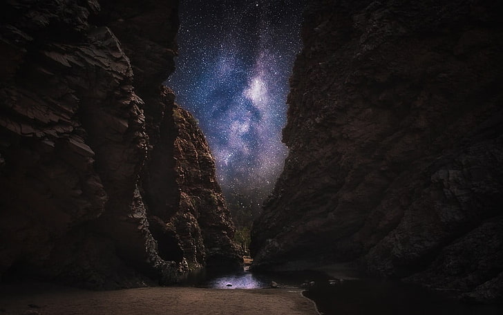 calm body of water in between of rock formation, nature, landscape, dark, path, canyon, beach, Milky Way, starry night, water, rock, galaxy, long exposure, Australia, HD wallpaper