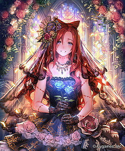 anime, dziewczyny anime, Shingeki no Bahamut, sukienka, rudowłosa, fioletowe oczy, kwiaty, długie włosy, Ceres (Shingeki No Bahamut), Tapety HD HD wallpaper