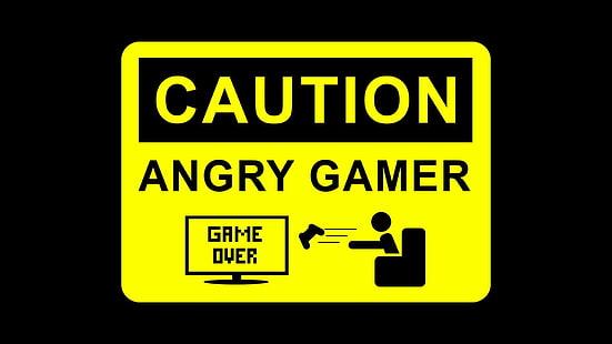 CAUTION Angry Gamer HD, angry, black, caution, controller, game over, gamer, sign, throw, yellow, HD wallpaper HD wallpaper
