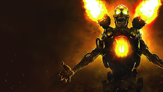 yellow skeleton with fire 3D wallpaper, Doom 4, Doom (game), Bethesda Softworks, Id Software, demon, video games, HD wallpaper HD wallpaper