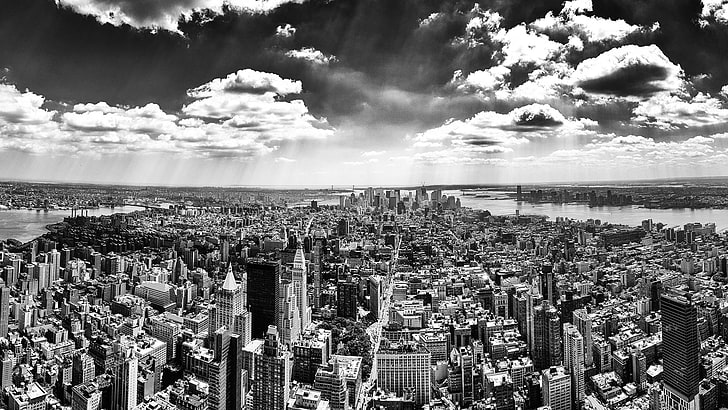 Graustufenfoto der hohen Gebäude, New York, Draufsicht, Überblick, Ansicht, Schwarzweiß, HD-Hintergrundbild