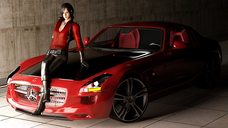 женщина, сидящая на спортивном автомобиле, обои вымышленного персонажа, машина, девушка, SLS AMG, в красном, Mercedes Benz, Resident Evil, родстер, рендер, фан-арт, Ада, HD обои