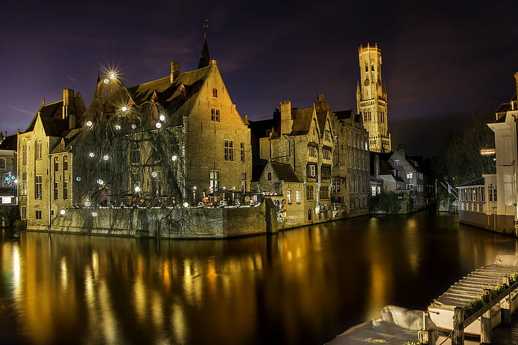 brown concrete house surrounded by body of water during nighttime, Fairy, docks, brown, concrete, house, body of water, nighttime, Brugge, bruge, belgien, brujas, belgium, night  photography, reflection, canals, magic  mystery, purple, skies, fantasy, medieval, fairytale, night, architecture, europe, famous Place, cityscape, dusk, urban Scene, river, illuminated, town, city, history, tower, HD wallpaper