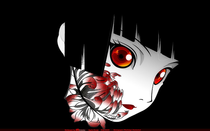 Enma Ai, anime girls, anime, Jigoku Shoujo, simple background, red eyes, dark hair, flowers, face, HD wallpaper