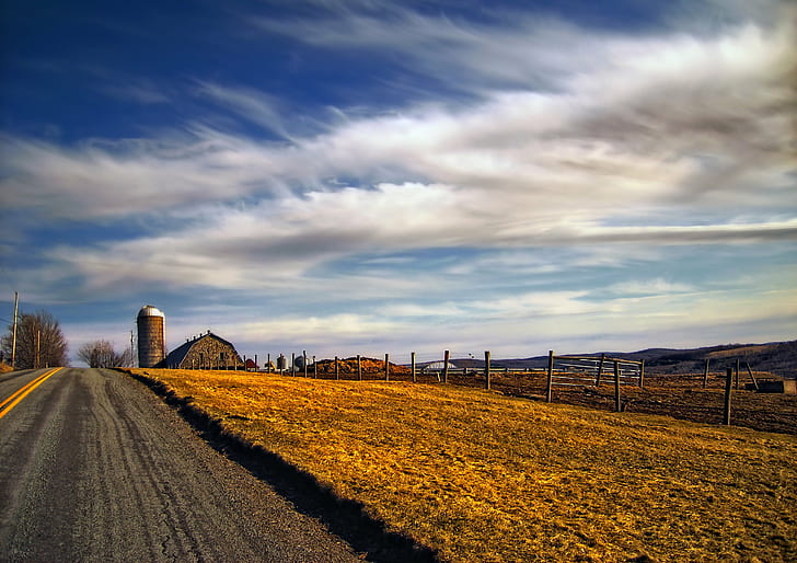 photo of gray concrete road near brown building during daytime, Country Lane, photo, gray, concrete road, brown building, daytime, Pennsylvania, Susquehanna County, Clifford Township, Endless Mountains, landscape, farm, sky, clouds, altocumulus, rural, spring, creative commons, rural Scene, road, nature, agriculture, outdoors, field, HD wallpaper