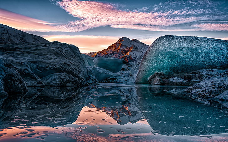 Hielo de alaska, lago, en medio de la montaña, alaska, hielo, cielo, Fondo de pantalla HD