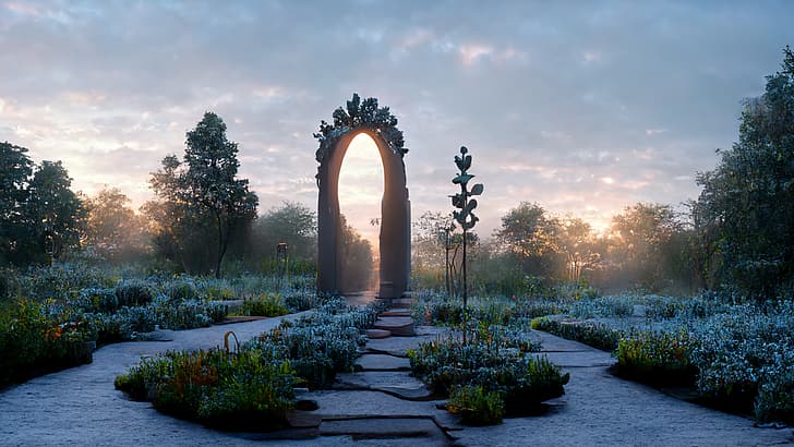Gateway Arch, garden, dawn, trees, sky, nature, render, HD wallpaper