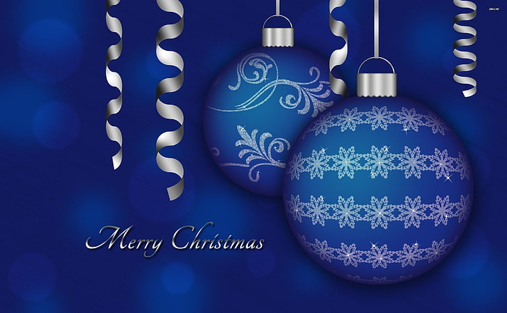 two blue baubles with text overlay, christmas decorations, balloons, couple, blue, ribbon, christmas, HD wallpaper