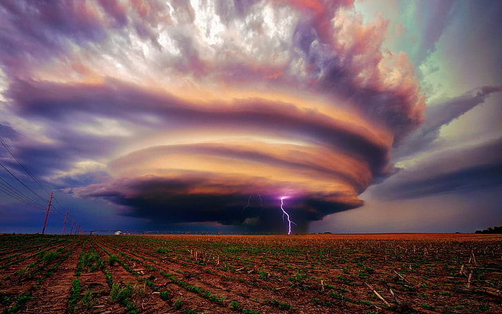 landscape, storm, lightning, field, tornado, HD wallpaper