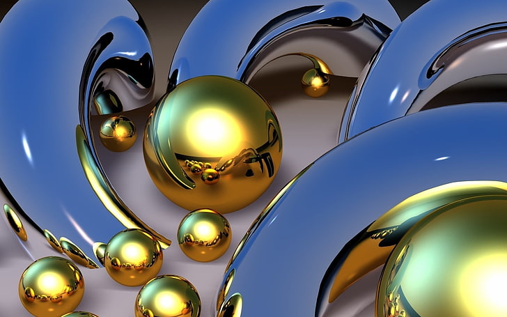round gold and silver steel ornaments, balls, patterns, metal, gold, 3d, HD wallpaper