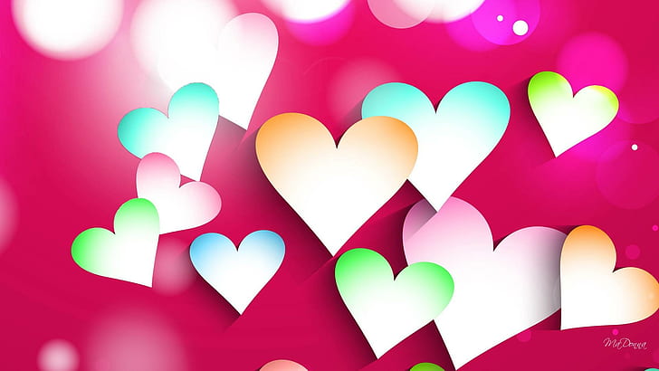 Shadow Of Hearts, colorful, valentines day, hearts, collage, cute, shadows, bokeh, pink, childish, 3d and abstract, HD wallpaper