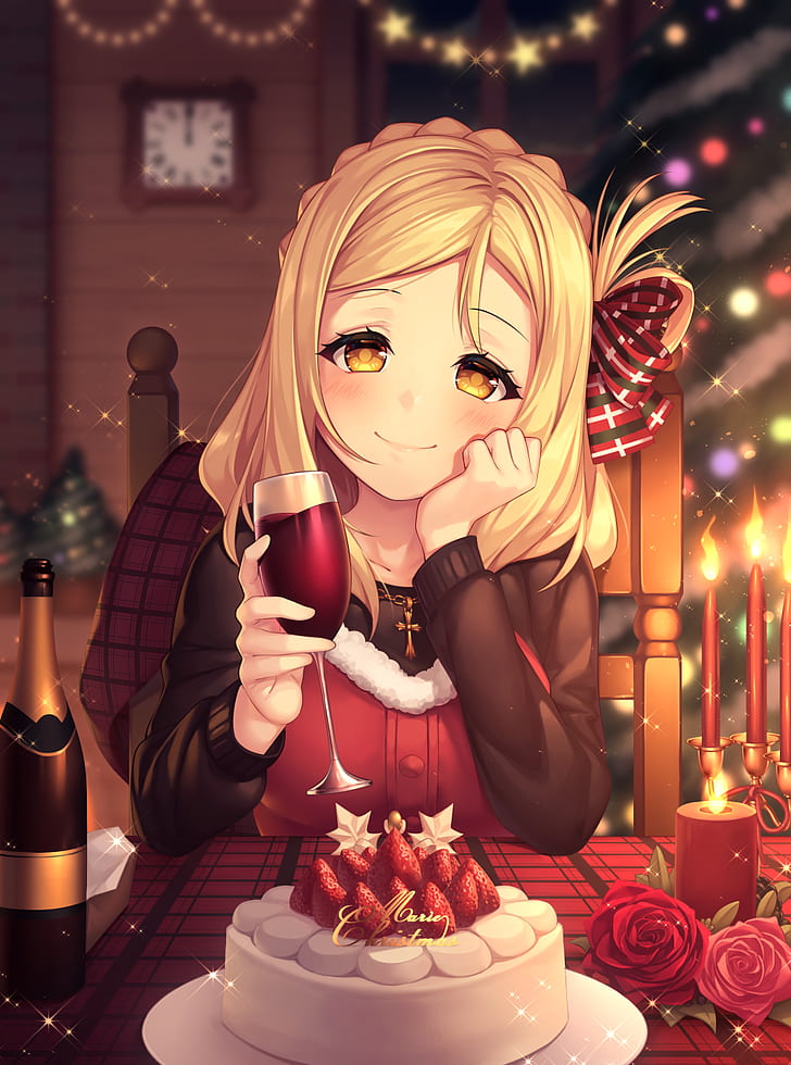 anime girls, anime, Love Live! Sunshine, Mari Ohara, blonde, bottles, wine, Christmas, cake, necklace, candles, yellow eyes, drinking glass, smiling, HD wallpaper