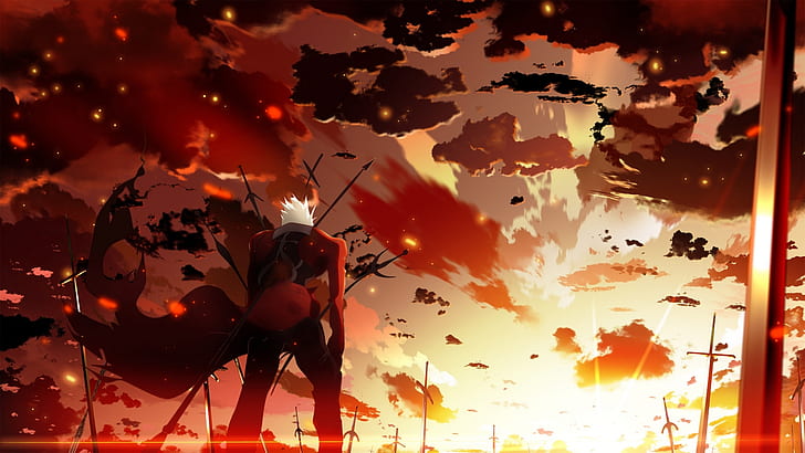 the sky, clouds, sunset, weapons, anime, art, guy, skyt2, fate/stay night, archer, HD wallpaper