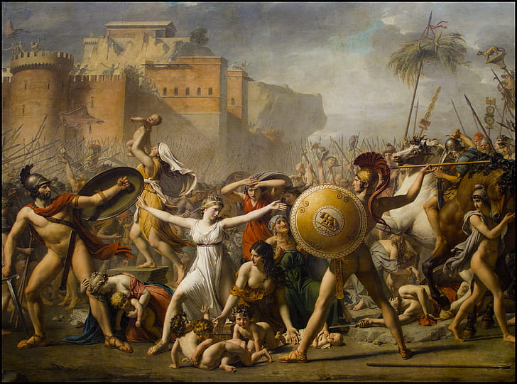 Jacques Louis David, Les Sabines, painting, Romania, tableau, The Intervention of the Sabine Women, war, HD wallpaper