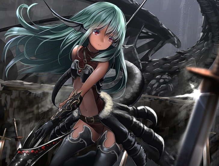 fond d'écran de personnage d'anime féminin aux cheveux verts, recadrée, cheveux verts, cheveux longs, yeux rouges, épée, arme, dragon, ailes, armure, Fond d'écran HD