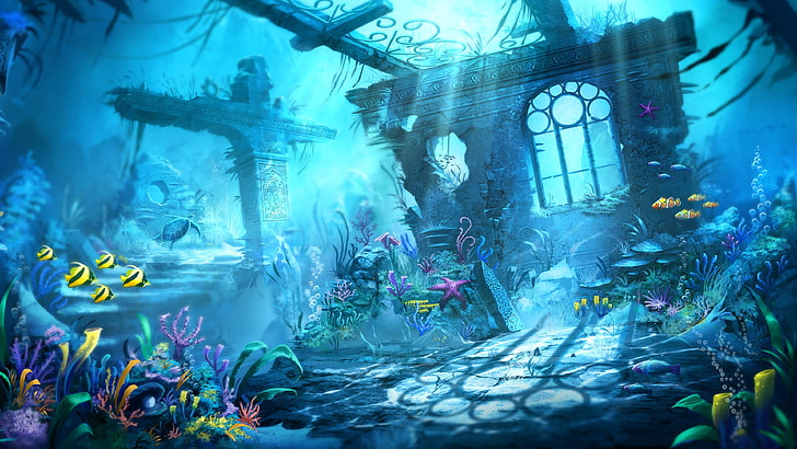 sea creature and house wallpaper, fantasy art, ruins, underwater, HD wallpaper