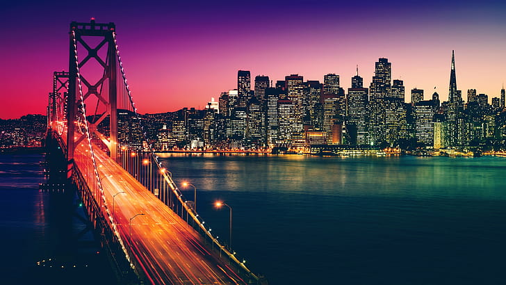 الجسر ، كاليفورنيا ، الولايات المتحدة ، سان فرانسيسكو ، جسر خليج سان فرانسيسكو أوكلاند ، الماء ، الليل ، ناطحة سحاب ، السماء ، الغسق ، أضواء المدينة ، خليج سان فرانسيسكو ، التعريض الطويل ، العاصمة ، المعالم ، المدينة ، الأفق ، جسر خليج أوكلاند ، المدينة، خلفية HD