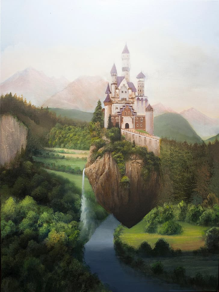 arte fantasía, castillo de fantasía, castillo, montañas, paisaje, bosque, río, isla, Fondo de pantalla HD, fondo de pantalla de teléfono